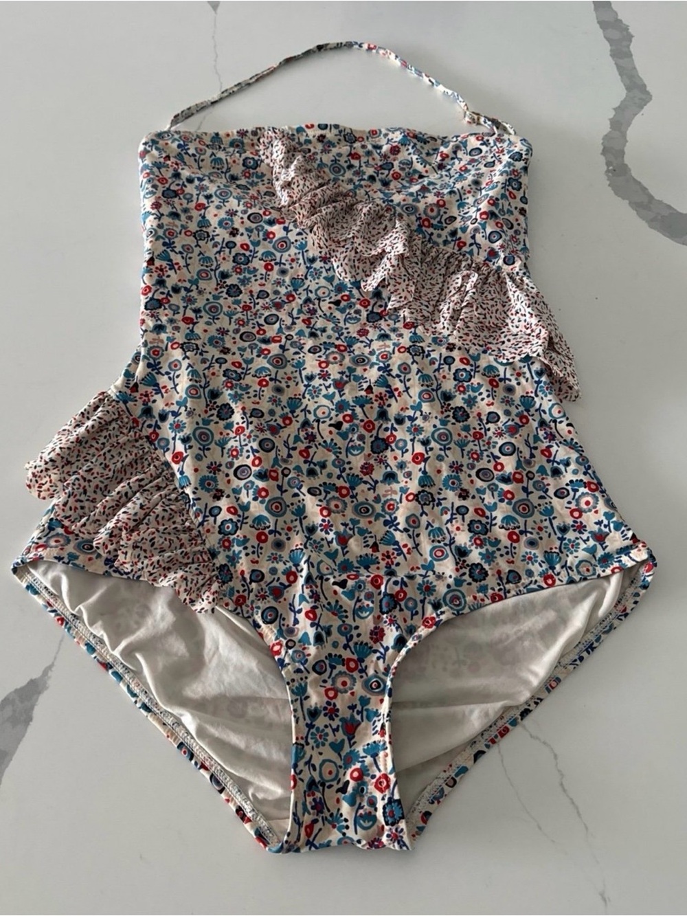 Marc by Marc Jacobs Floral Ruffle One-Piece Swimsuit in Cream & Blue Size Large